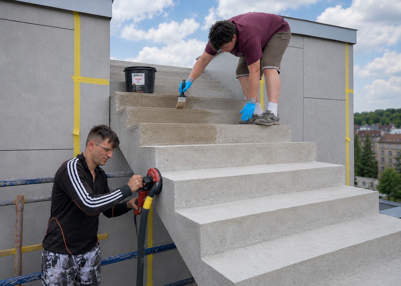 Процесс подготовки бетонной лестницы к укладке Stone Carpet Anilo™.